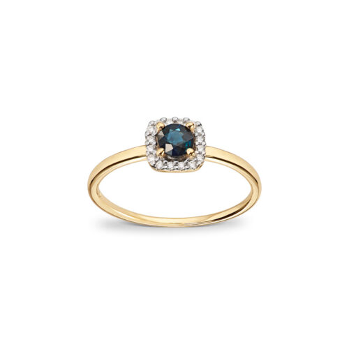 Ring i gult gull med safir og diamanter