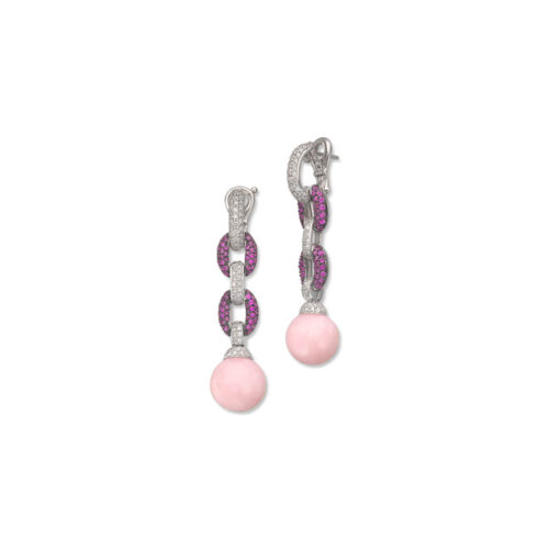 Hengende ørepynt i gull med rosa safir, diamant og opal