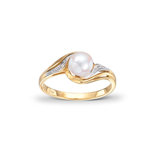 Ring i gult gull med kulturperle og 0,01ct diamant